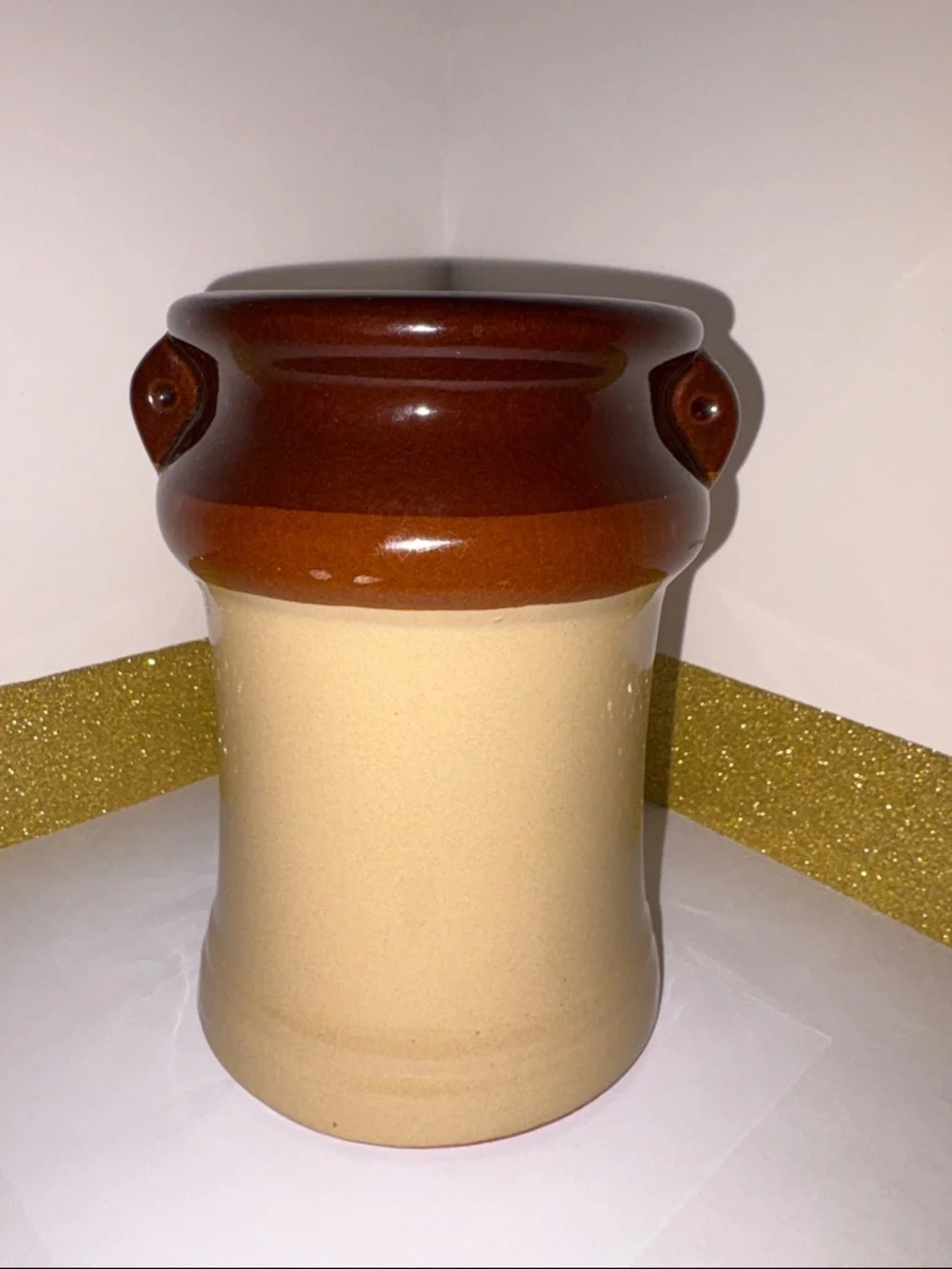 Vintage Interpur - Tone Brown and Cream Stoneware Utensil Crock
